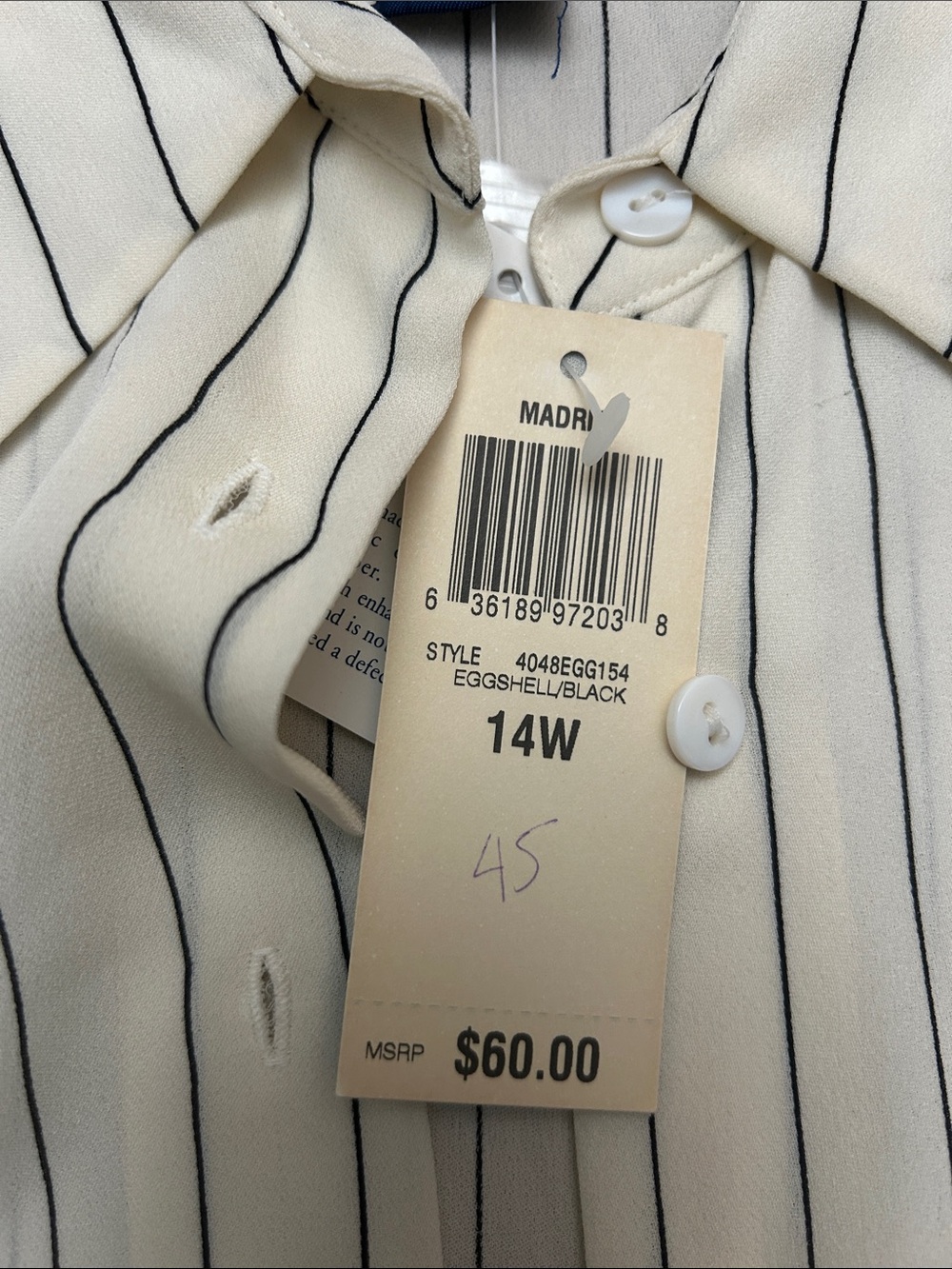 Charter Club Silk Cream Button-Down Shirt with black Pinstripes size 14 W - Picture 6 of 15